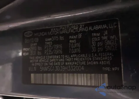 2009 Hyundai Santa Fe Gls из США, поврежденный, VIN 5NMSG13D39H332004